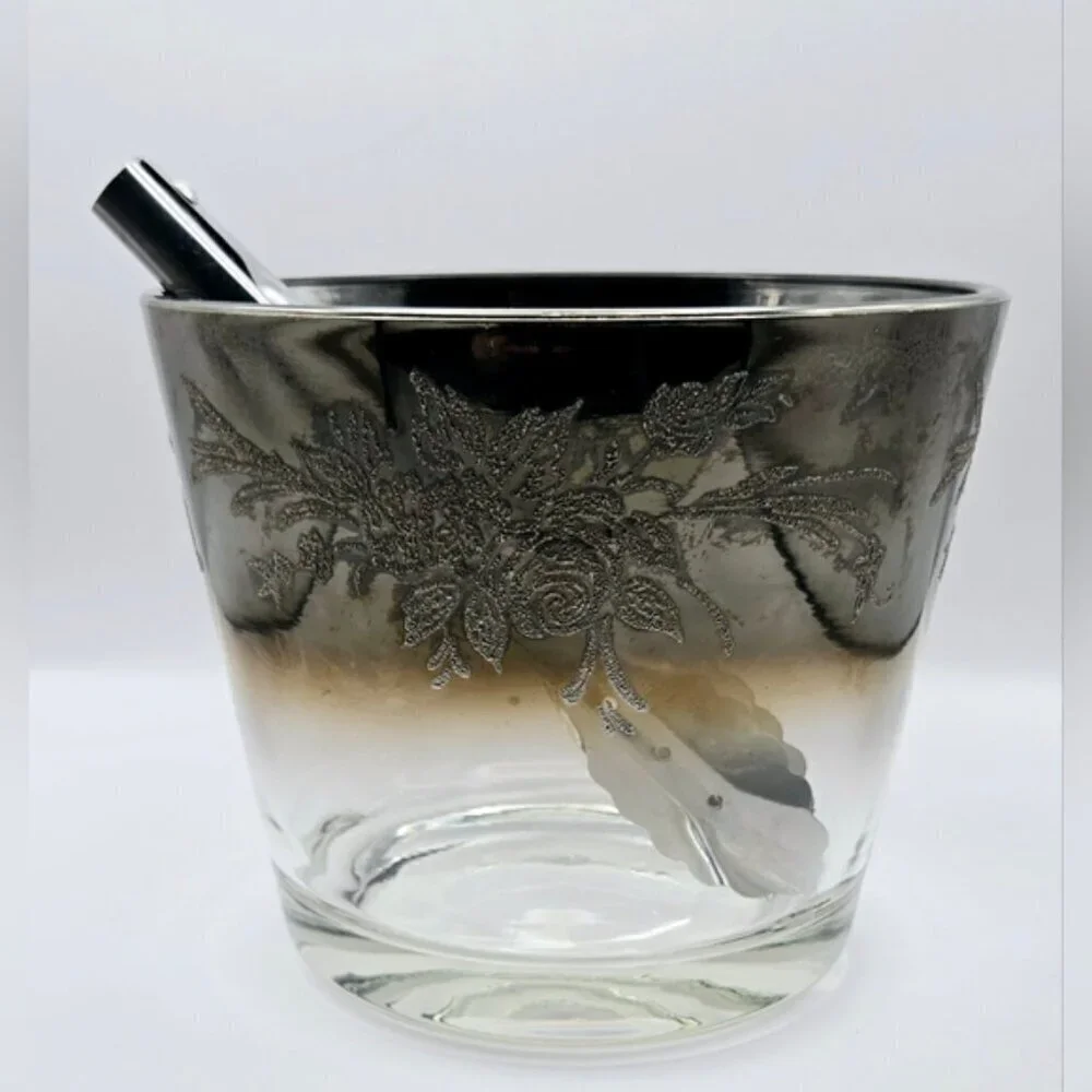 Mid Century Glass Ice Bucket With Silver Rim that Ombre Fades & Silver